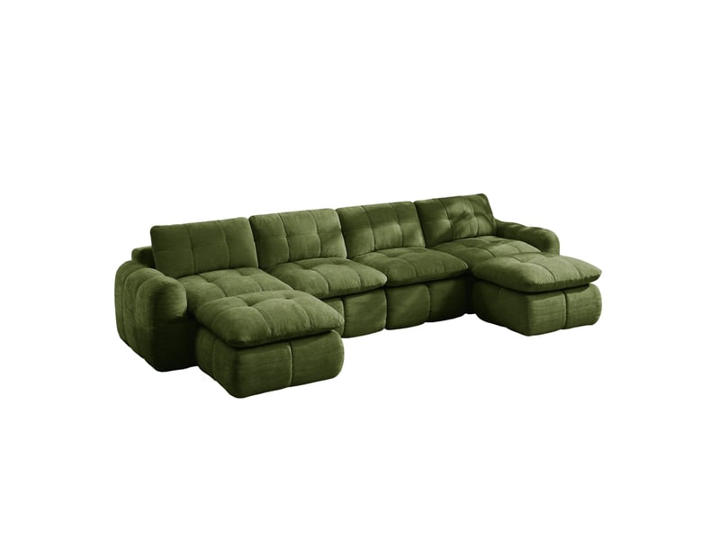  Canapé modulable 4 places modenvie en u avec 2 poufs, revêtement en chenille vert, 334 x 160 x 68 cm  - Conforama A