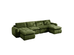 Canapé modulable 4 places modenvie en u avec 2 poufs, revêtement en chenille vert, 334 x 160 x 68 cm