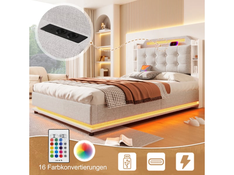  Lit rembourré, 140 x 200 cm, avec bande lumineuse led, rangement hydraulique, multiples compartiments de rangement, sans matelas, usb + type-c, lin, beige  - Conforama B