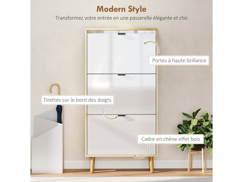  Meuble à chaussures, armoire à chaussures étroite, 3 tiroirs rabattables, porte haute brillante, 60x24x127cm, blanc  - Conforama E