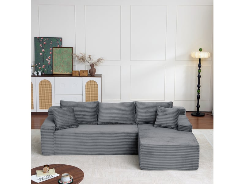  Canapé d’angle modulable droit  compressé 4 places en mousse et velours côtelé couleur gris, style moderne  - Conforama B