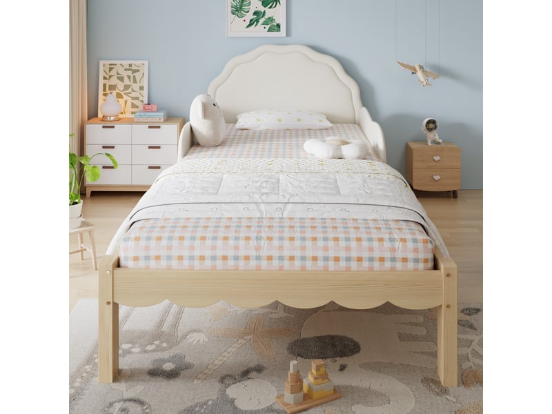  Lit enfant rembourré 90x200 cm avec tête de lit en pu, barrières latérales, sommier à lattes et cadre en bois, beige.  - Conforama B