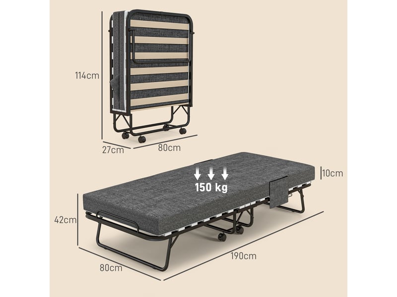  Lit pliant, matelas, 4 roues, cadre en métal, jusqu'à 150 kg, 190 x 80 x 42 cm, gris foncé  - Conforama E