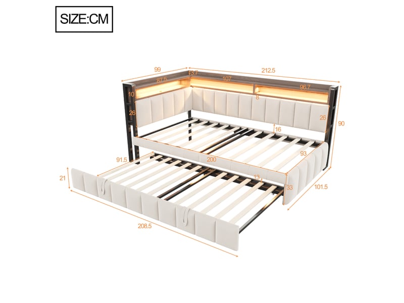  Lit banquette gigogne 90x200cm avec couchage extractible, rangements en tête et au pied, éclairage led, ports usb et type-c, velours,beige evarich - Conforama C