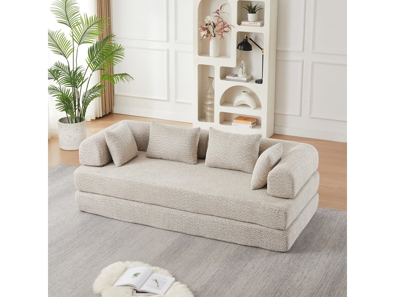 Canapé convertible modulaire 2 places avec dossier réglable, 4 configurations et 4 coussins en chenille beige - Conforama B