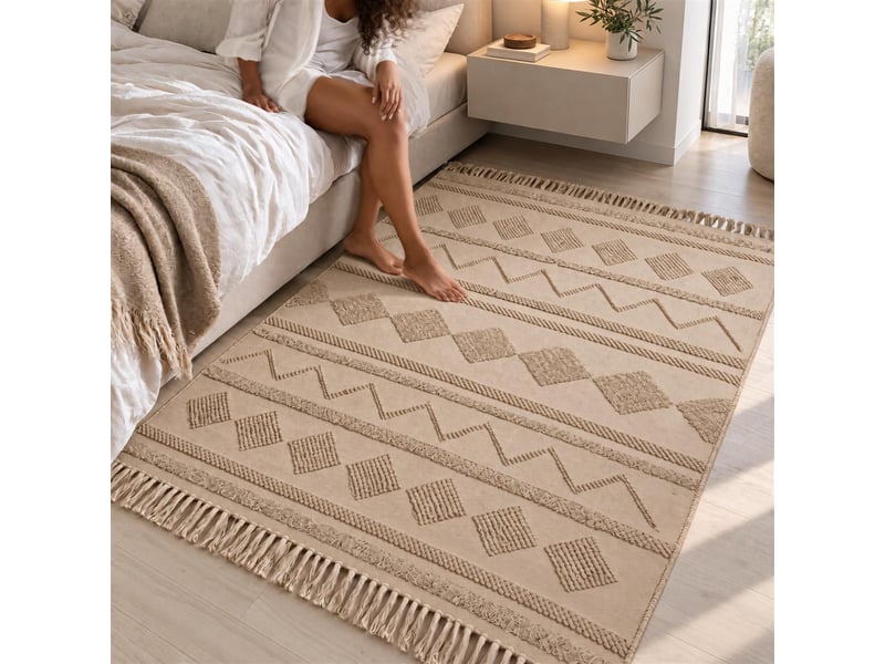  The white stone tapis berbère 140x200 cm beige | 100% coton, antidérapant et lavable à 30°c | motifs géométriques en relief style marocain pour salon et chambre  - Conforama A