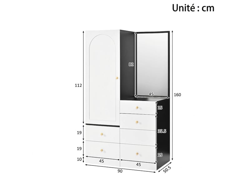  Armoire coiffeuse multifonction avec miroir pleine longueur, penderie et tabouret escamotable, noir et blanc  - Conforama E