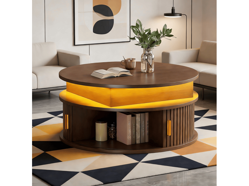  Table basse ronde ø 75 cm relevable avec rangement et led, finition noyer  - Conforama B