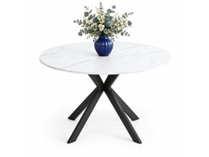 Table de salle à manger ronde, plateau effet marbre - piètement en x métal mdf noir et blanc, ø 110 cm