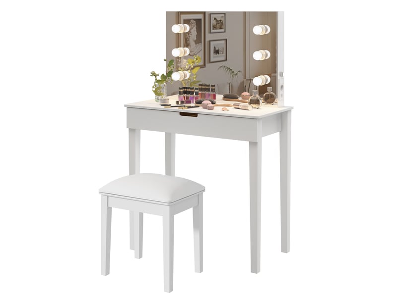  Coiffeuse avec miroir et 6 lampes à del réglables - lpospi - 2 tiroirs, prises usb et type c, mdf blanc  - Conforama A