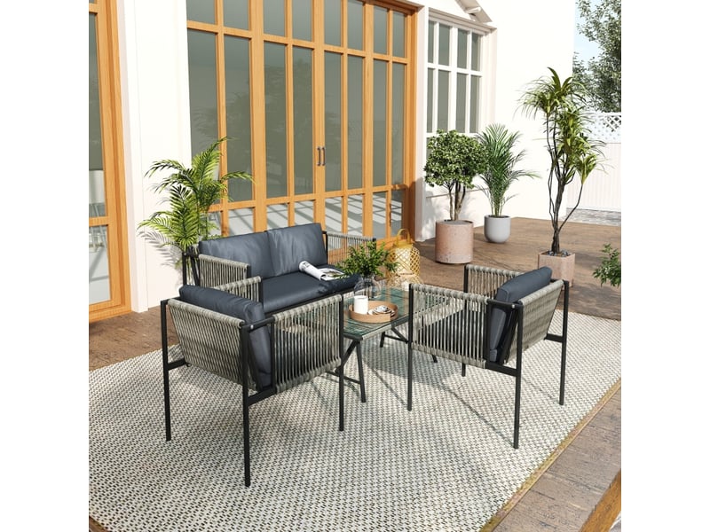  Salon de jardin avec 2 fauteuils, 1 canapé 2 places, 1 table basse et 7 coussins, rotin, acier et tissu gris  - Conforama B