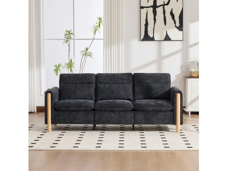 Canapé droit 3 pl 201x77x86 cm poches latérales et pieds en bois, coffre intégré, tissu chenille noir, pour le salon - Conforama E