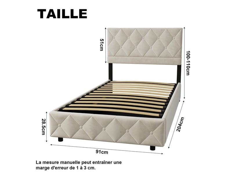  Lit coffre 90x200 cm velours beige, tête de lit capitonnée, ouverture hydraulique, sommier à lattes inclus  - Conforama C