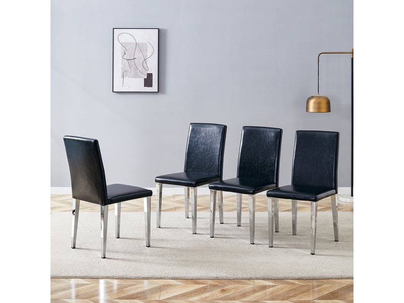  Lot de 4 chaises de salle à manger en simili cuir noir avec pieds en métal argenté, style moderne  - Conforama R