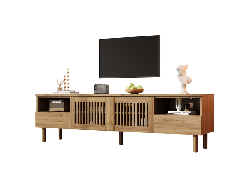  Meuble tv 180x40x51 cm avec 2 portes à grille et 2 tiroirs en mdf couleur bois naturel, design simple  - Conforama A