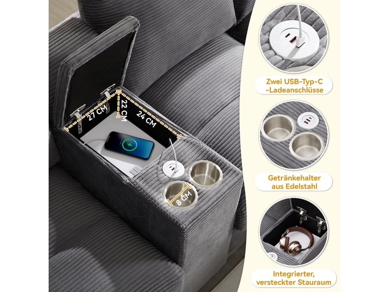  Canapé en u 4 places en velours côtelé gris avec rangement dissimulé et porte-gobelets en acier inoxydable  - Conforama E