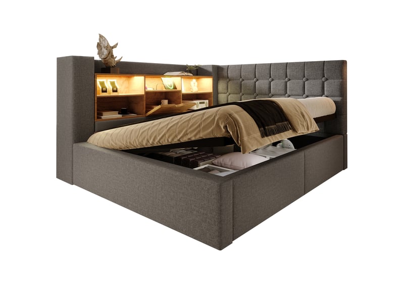  Lit double 140x200 cm avec coffre hydraulique - tête de lit l avec rangement led et usb - lin gris  - Conforama A