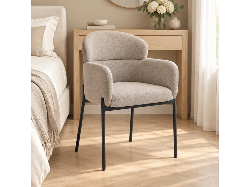  Fauteuil lounge avec dossier ergonomique et accoudoirs, pieds métalliques, revêtement chenille polyester marron clair  - Conforama C