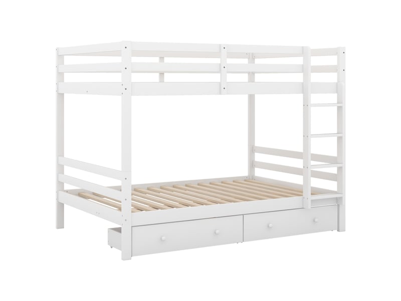 Lit superposé blanc 140x200 cm, tiroirs, rangements et garde-corps hauts - Conforama E