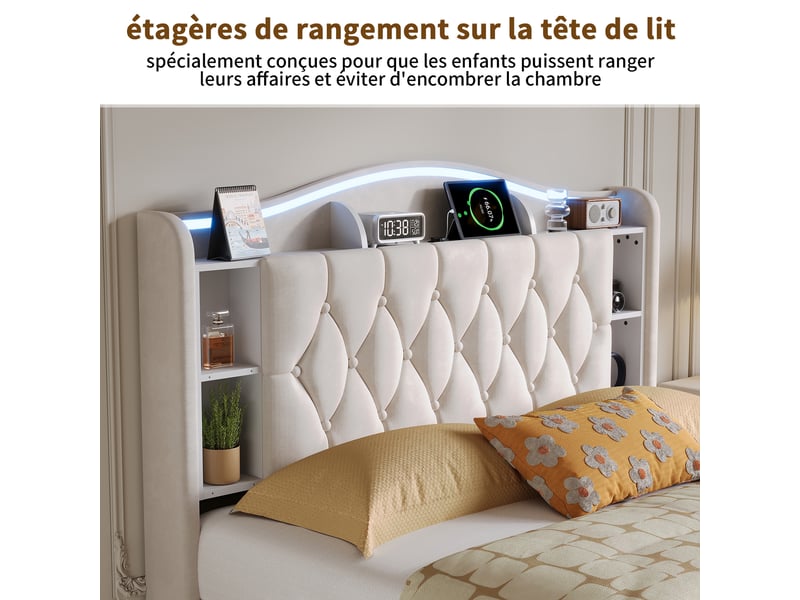 Kefsr lit coffre 140x190 cm en velours beige - lit adulte 2 places avec sommier relevable, éclairage led rgb, tête de lit avec rangement et prise usb charge sans fil - Conforama W