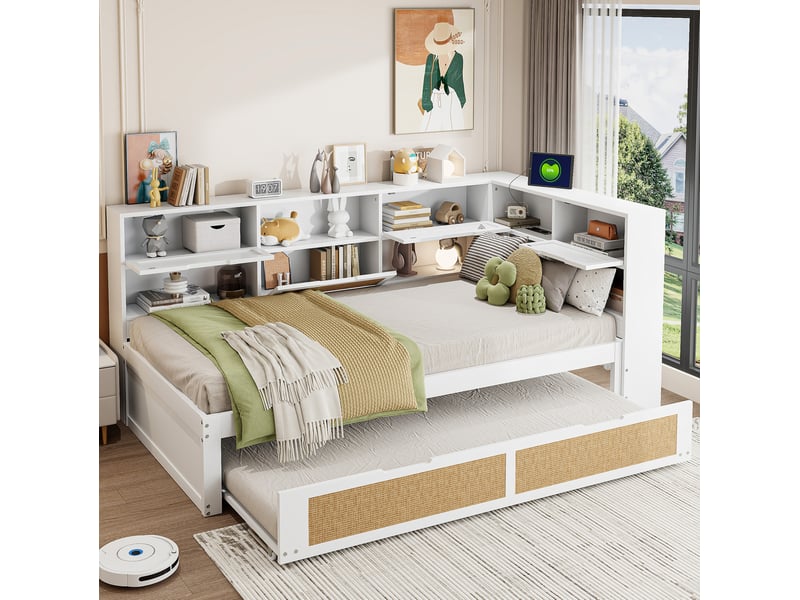  Lit simple enfant 90x200 cm – blanc – lit gigogne 90x190 cm, rangements et prises de charge – sans matelas  - Conforama B