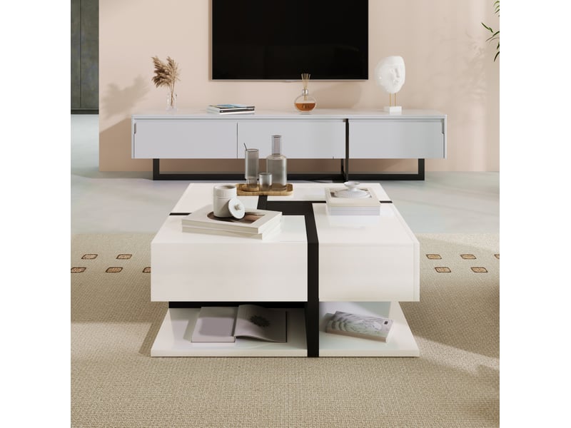 Table basse carrée 78x78x36 cm avec 4 tiroirs, blanc et noir brillant - Conforama D