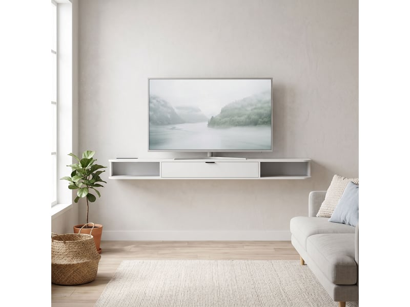 Meuble tv suspendu, meuble télé pour téléviseur jusqu'à 75 pouces, tiroir rabattable, 2 étagères, 180x24x16cm, blanc - Conforama A
