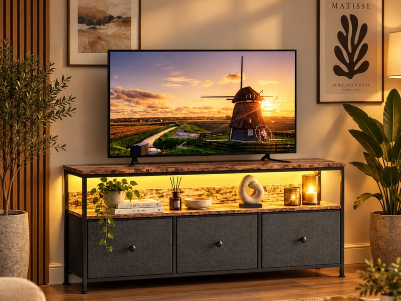  Meuble tv led 137cm meuble télé avec 3 tiroir en tissu et étagères ouvertes, cadre en acier, banc tv salon, chambre, noir  - Conforama B