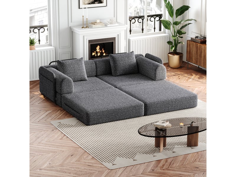 Canapé-lit modulable 2-en-1 en chenille, avec rangement dans les accoudoirs, structure métallique et configuration libre - gris - Conforama E