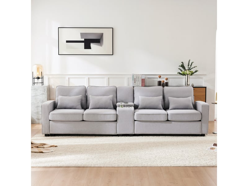  Canapé 4 places moderne en tissu de lin avec console,2 porte-boissons,2 prises usb,canapé fixe avec 4 coussins pour salon,bureau,gris clair 290x83x88cm - Conforama B