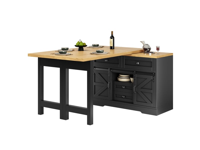 Îlot de cuisine modenvie 2 en 1 avec table à manger extensible, rangement et plateau pivotant, 120 à 197 x 40 x 72 cm, mdf noir aspect chêne - Conforama A