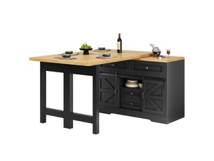 Îlot de cuisine modenvie 2 en 1 avec table à manger extensible, rangement et plateau pivotant, 120 à 197 x 40 x 72 cm, mdf noir aspect chêne