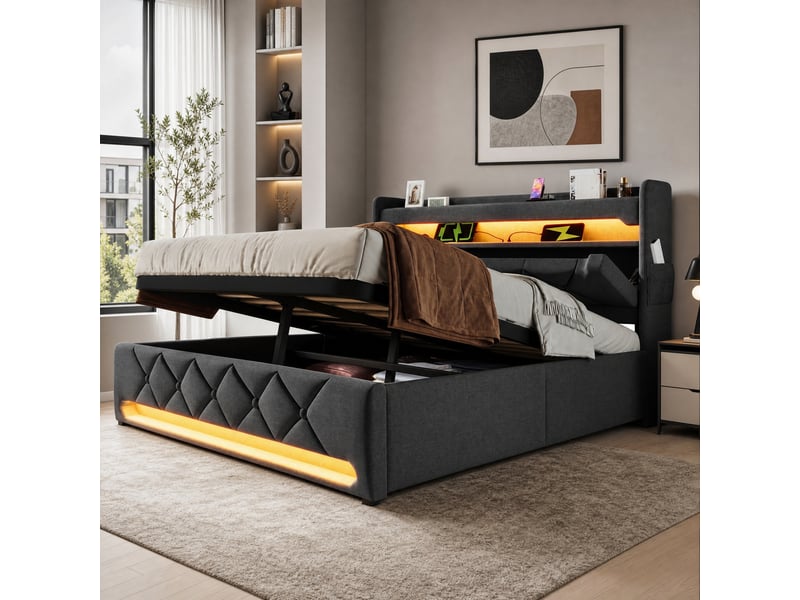  Lit double avec rangement hydraulique 160 x 200 cm gris en lin avec led et ports usbtype-c  - Conforama B