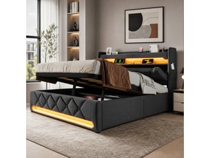 Lit double avec rangement hydraulique 160 x 200 cm gris en lin avec led et ports usbtype-c