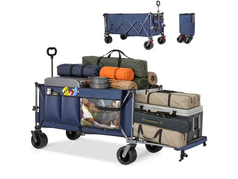  Chariot de jardin pliable 131x66x115,5 cm bleu en acier, roues tout-terrain, hayon extensible 180 cm  - Conforama A