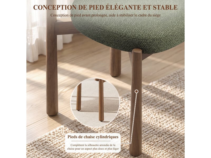  Lot de 2 chaises de salle à manger design moderne, dossier rond confortable, assise épaisse rembourrée, pieds en bois robustes, structure stable pour cuisine et salon, vert  - Conforama D