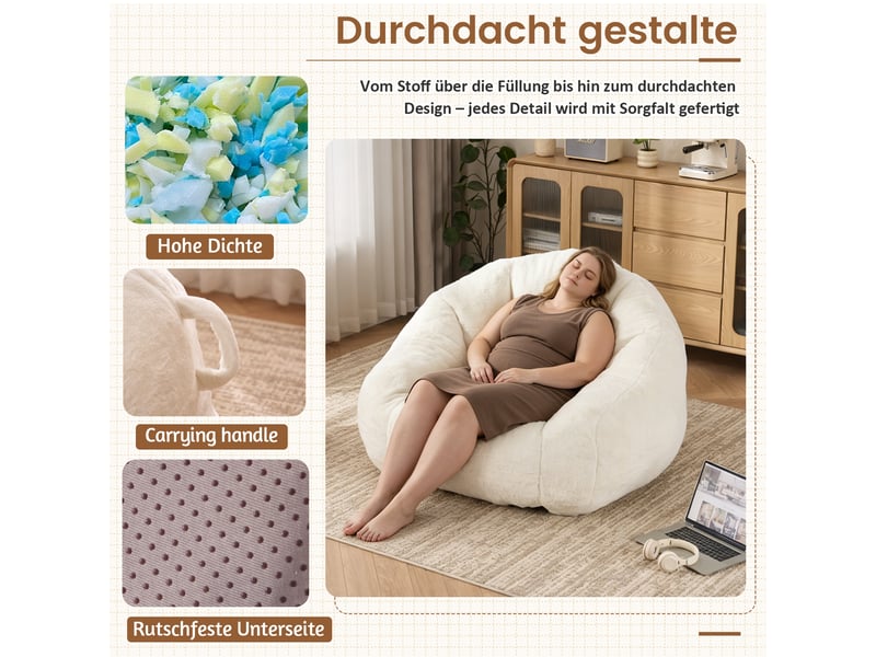  Fauteuil pouf adulte 111x123x75 cm en fausse fourrure, mousse haute densité, compressé sous vide, sans montage, siège lounge blanc crème  - Conforama D