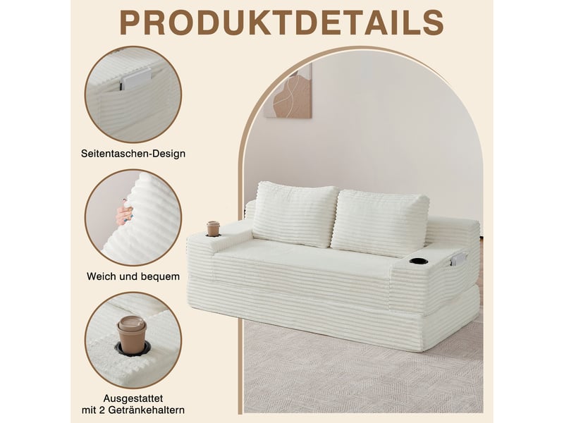  Canapé-lit 2 en 1 180 cm, canapé convertible avec porte-gobelets, poches de rangement, 2 coussins, tissu côtelé  - Conforama D