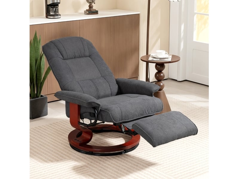  Fauteuil relax pivotant gris avec inclinaison manuelle, repose-pieds extensible, dossier haut, base en bois  - Conforama B