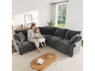 Canapé d'angle 5 places en tissu chenille gris, 217×217×83 cm, accoudoirs galbés, mousse et ressorts ensachés