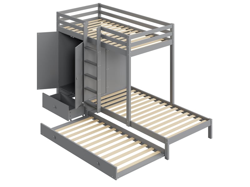  Lit superposé en bois massif avec lit gigogne 90x200, lit enfant avec armoire, tiroirs et étagère, gris  - Conforama C