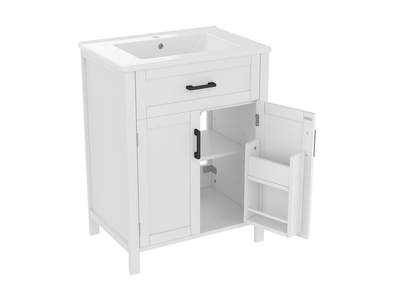  Meuble vasque salle de bain blanc 60 cm avec lavabo céramique intégré, tiroirs et étagères réglables  - Conforama D