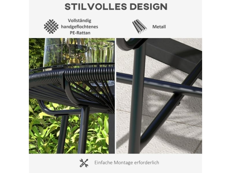 Table d’appoint jardin style bohème, pe rotin, verre trempé, résistante aux intempéries, 50x50x50 cm, noir - Conforama E