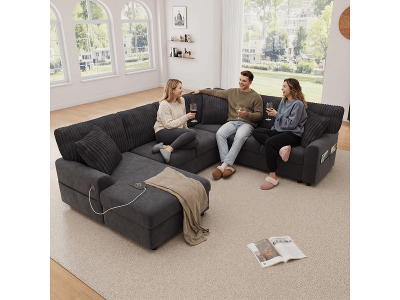  Canapé d’angle - 249 × 196 × 83 cm - usbtype-c - velours côtelé - gris CARDUME ESTIVAL - Conforama B
