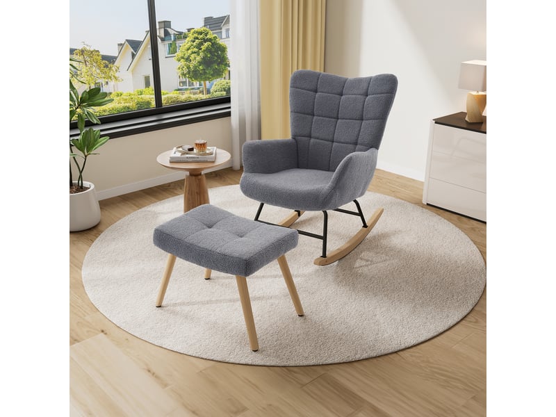  Fauteuil à bascule 91 cm avec repose-pieds, structure en métal sherpa gris  - Conforama E