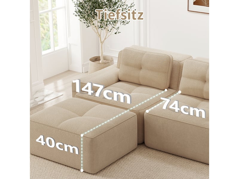  Canapé modulable 4 places en velours côtelé beige avec méridienne en l et assise profonde de 74 cm  - Conforama C