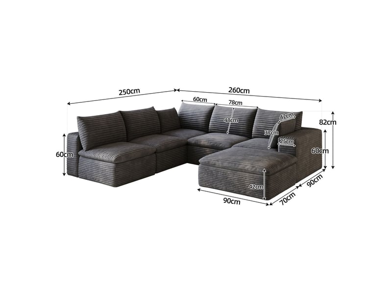  Canapé 260 x 250 cm canapé 2 places tissu corduroy design à double couche coussins amovibles teinte gris foncé forme nuage  - Conforama C