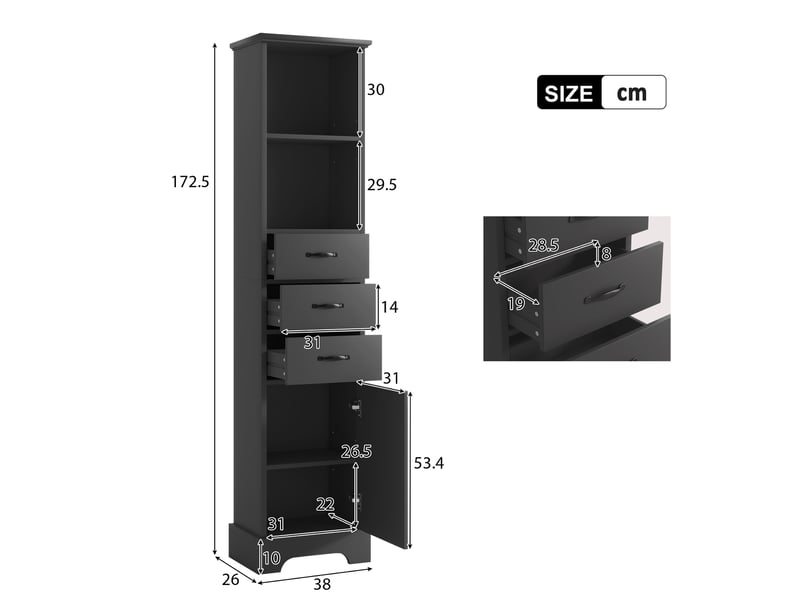 Colonne salle de bain noire 38 × 26 × 173 cm, 3 tiroirs, étagères réglables - Conforama C