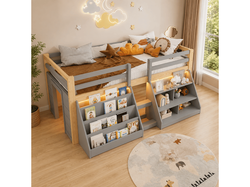 Lit enfant mi-hauteur 90 x 200 cm avec étagères, led intégrée, barrière de sécurité et échelle, pin, gris et naturel Bliss Lite - Conforama B