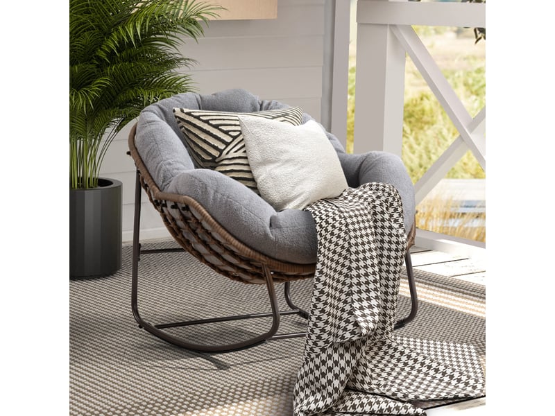  Cocon - fauteuil à bascule en rotin naturel - forme œuf et coussin gris anthracite - confortable pour salon, véranda ou chambre  - Conforama D